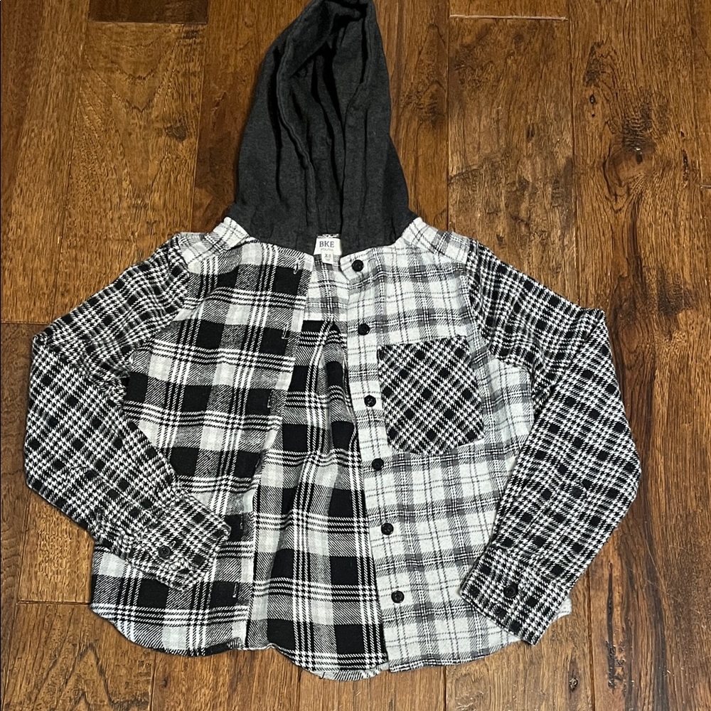 BKE Black and White Plaid Button Down Shirt with Hood